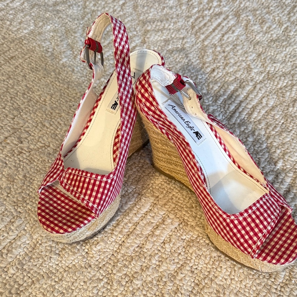 American Eagle Outfitters Red Checkered Wedges